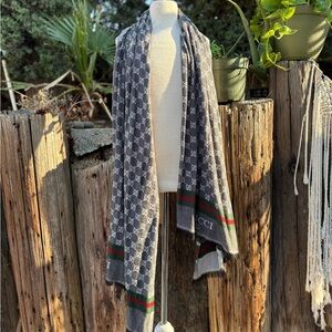 Gucci Gray Monogram Scarf with Red and Green Accents